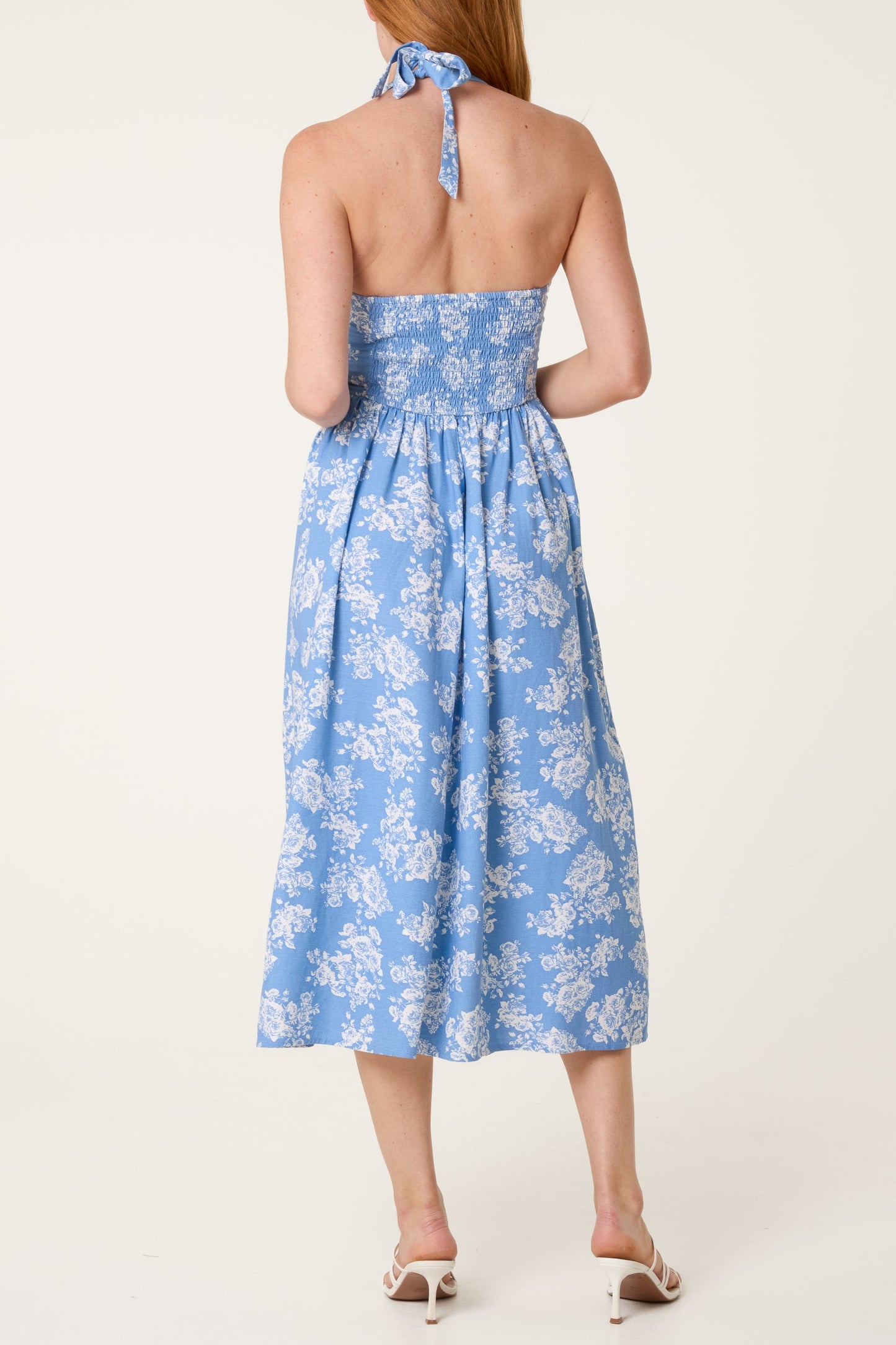 V-Waist Floral Halter Midi Dress