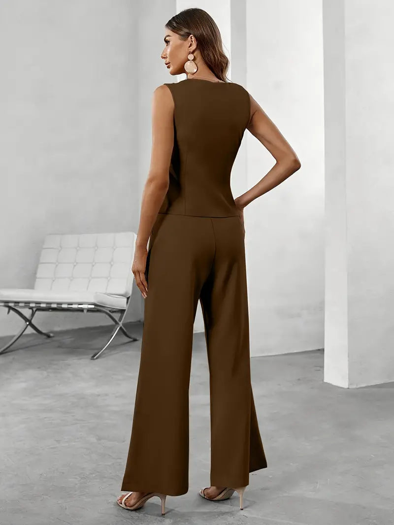 Women Sleeveless Vest and Wide Leg Buttoned Trousers Set
