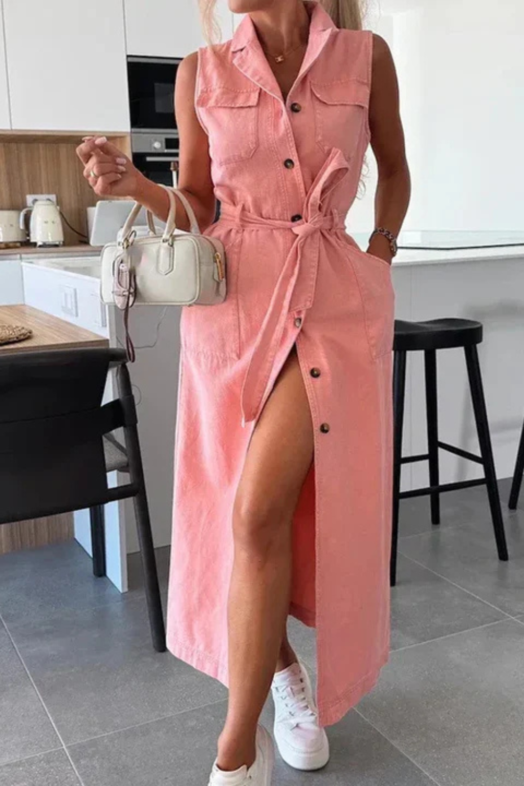 Women Belted Denim Maxi Dress
