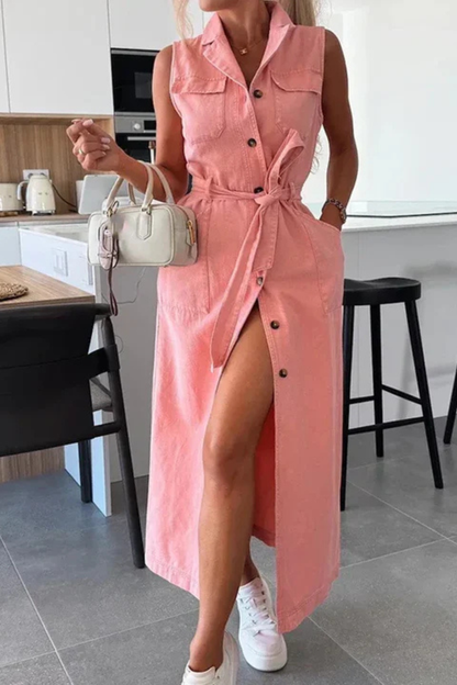 Women Belted Denim Maxi Dress