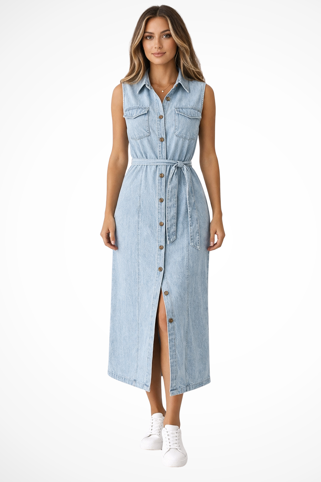 Women Belted Denim Maxi Dress