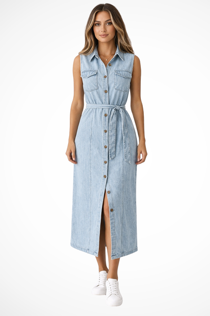 Women Belted Denim Maxi Dress