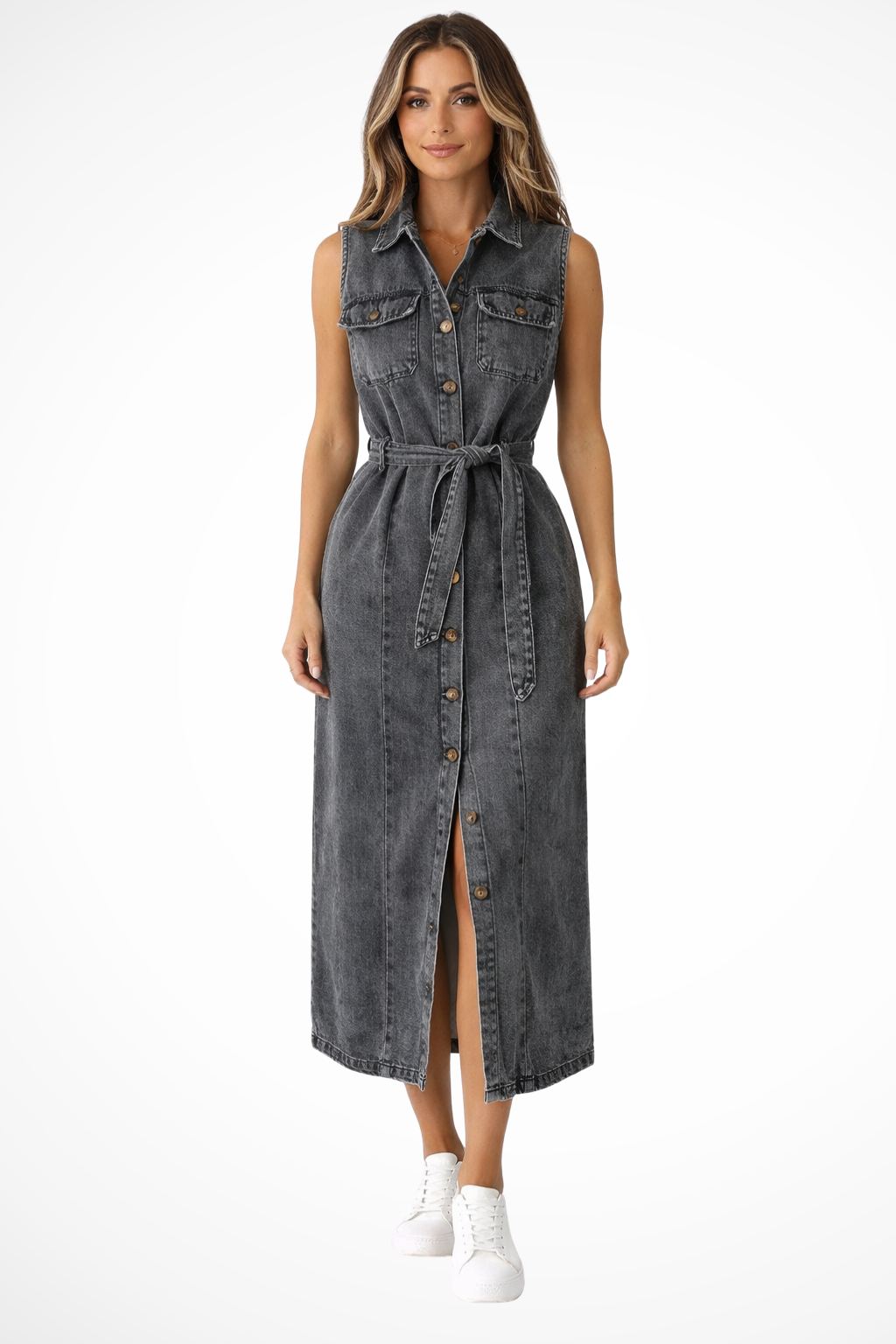 Women Belted Denim Maxi Dress