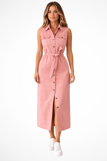Women Belted Denim Maxi Dress