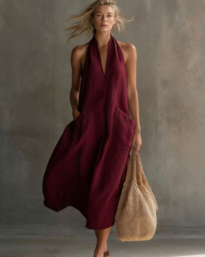 Vintage Vacation V-Neck Halter Linen Midi Dress with Pockets