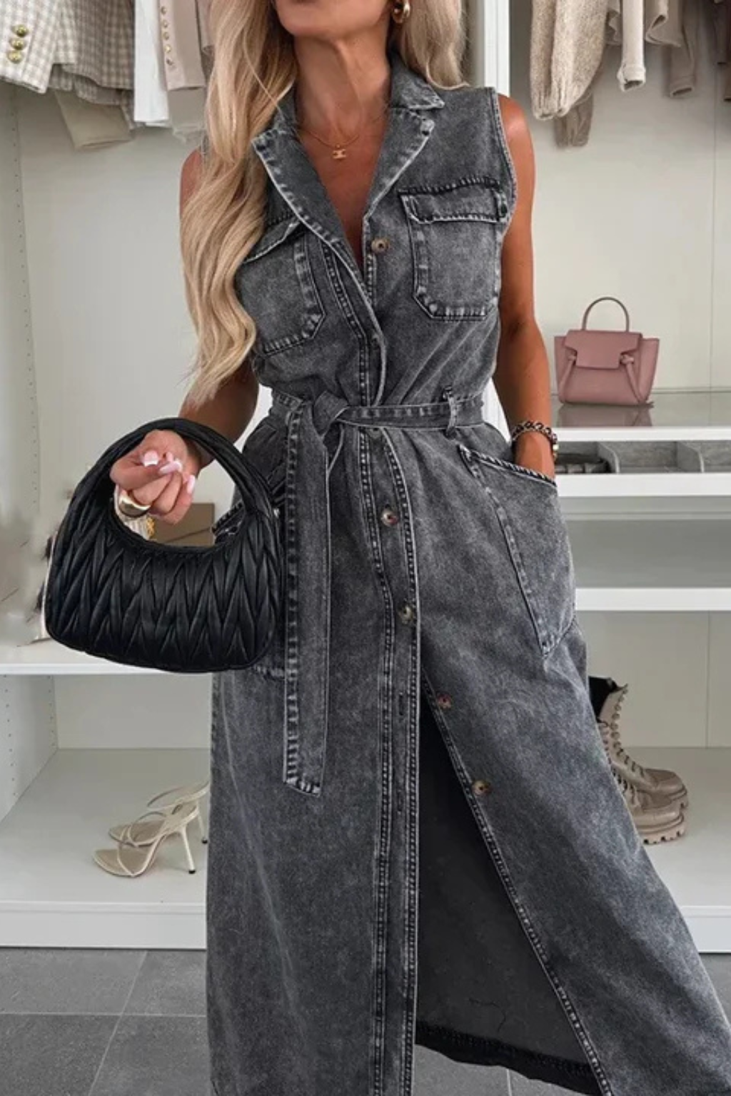 Women Belted Denim Maxi Dress