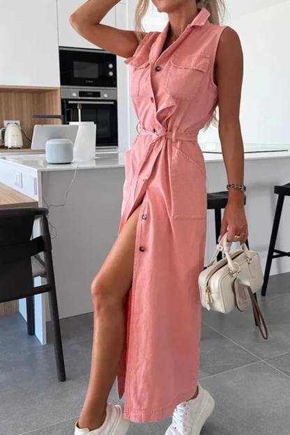 Women Belted Denim Maxi Dress