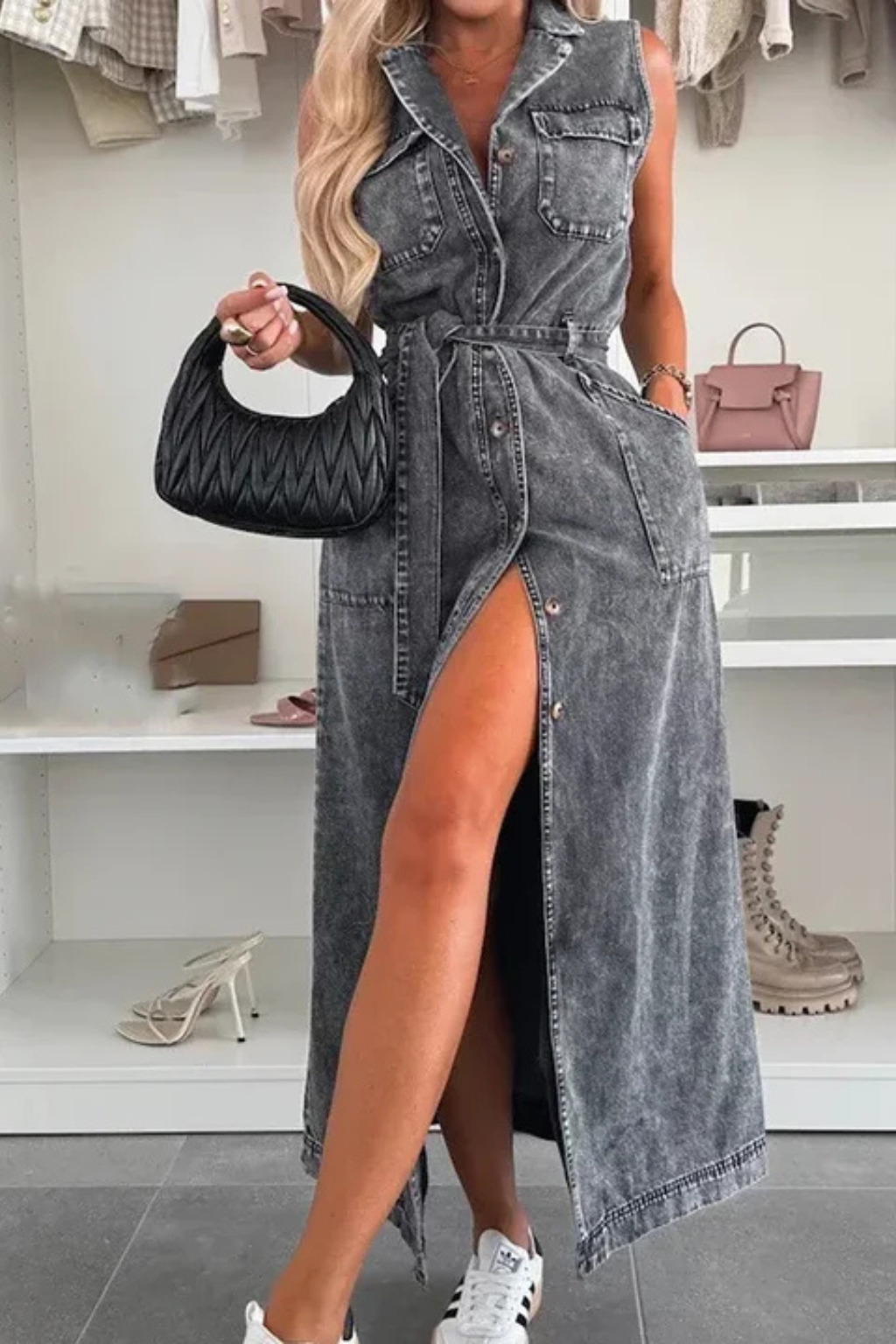 Women Belted Denim Maxi Dress