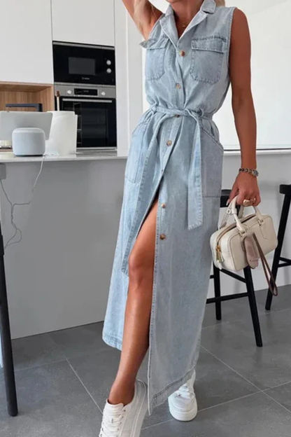 Women Belted Denim Maxi Dress