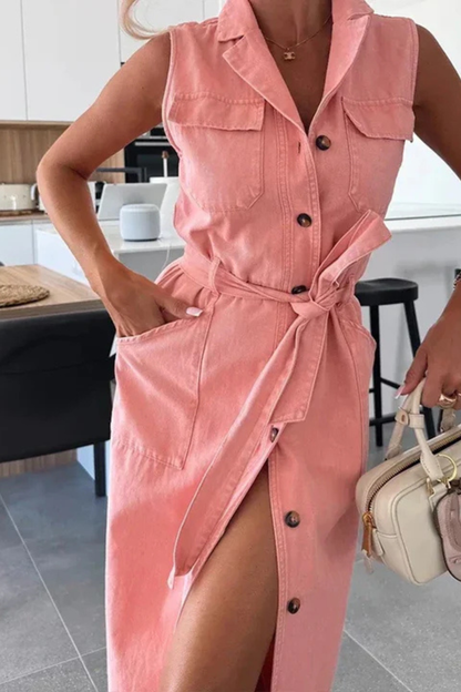 Women Belted Denim Maxi Dress