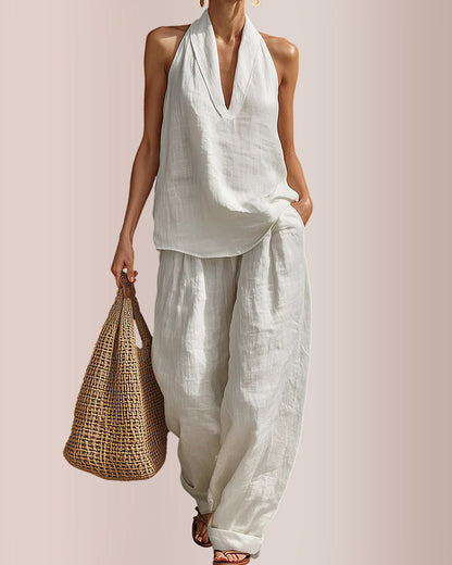 Linen-Blend Halter V-Neck Top & Wide-Leg Trousers Set
