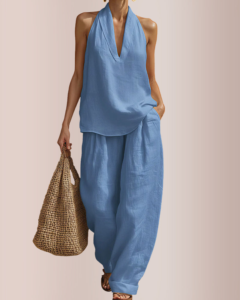 Linen-Blend Halter V-Neck Top & Wide-Leg Trousers Set