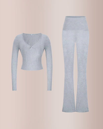 Slim-Fit V-Neck Crop Top & Pants Set