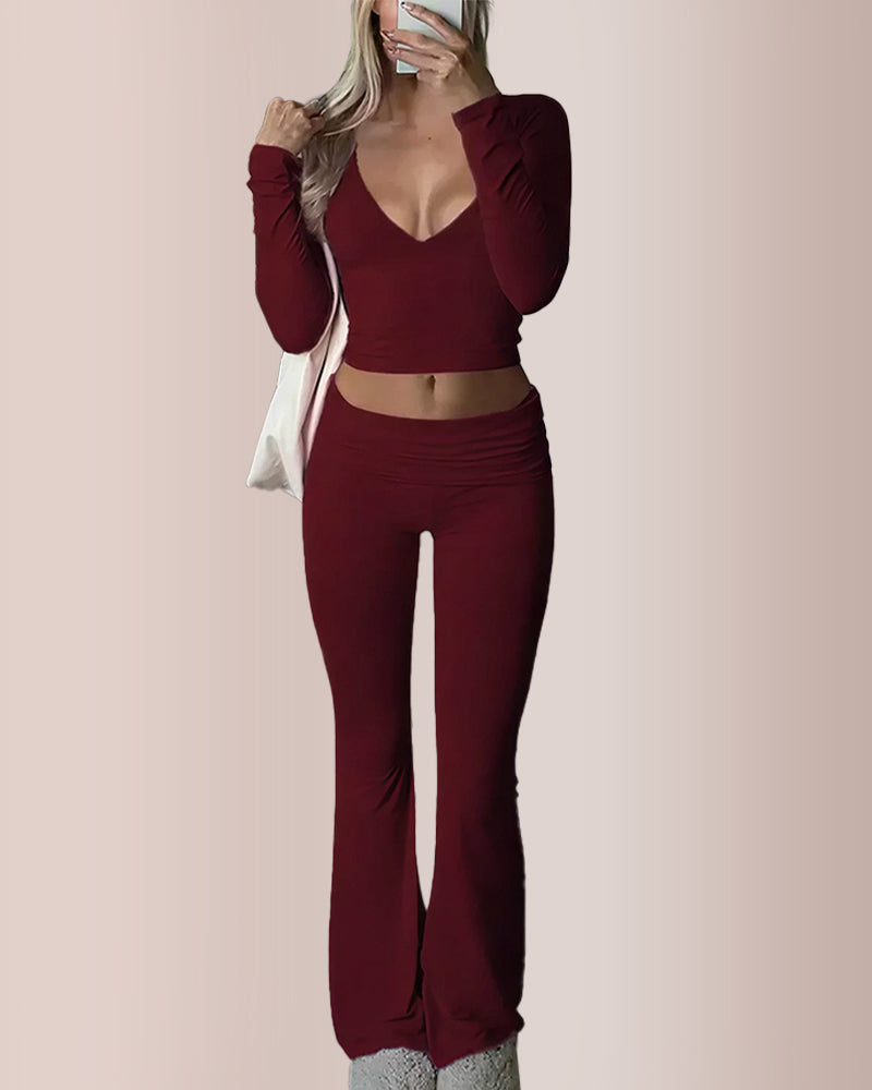 Slim-Fit V-Neck Crop Top & Pants Set