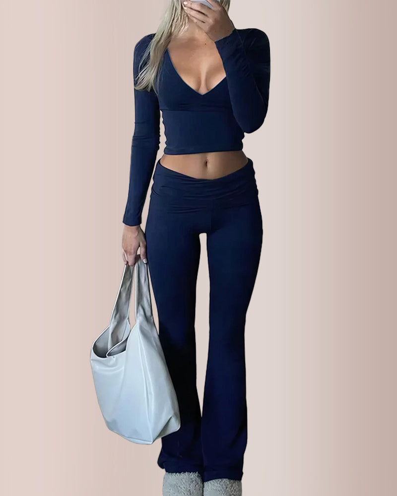 Slim-Fit V-Neck Crop Top & Pants Set