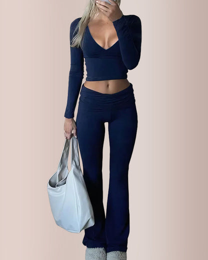 Slim-Fit V-Neck Crop Top & Pants Set