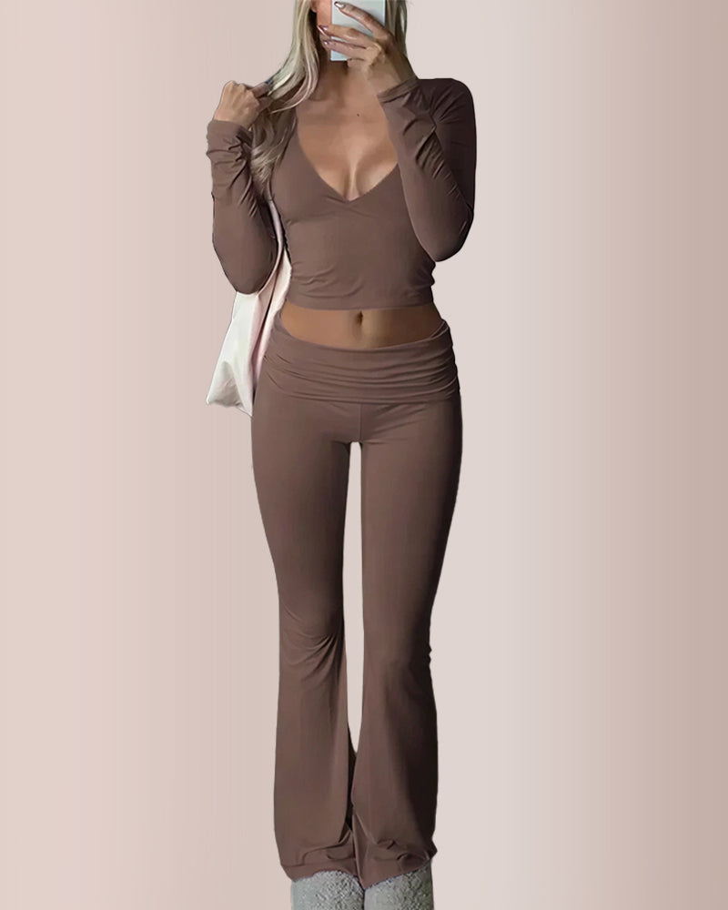 Slim-Fit V-Neck Crop Top & Pants Set