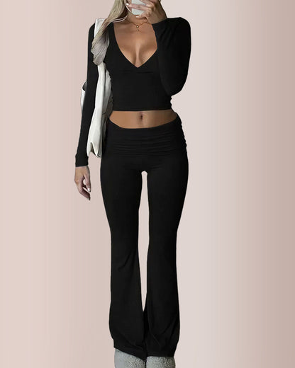 Slim-Fit V-Neck Crop Top & Pants Set