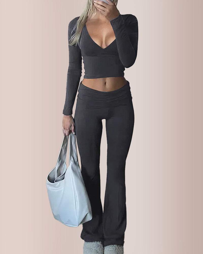Slim-Fit V-Neck Crop Top & Pants Set