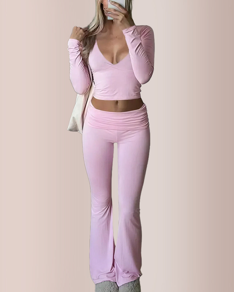 Slim-Fit V-Neck Crop Top & Pants Set