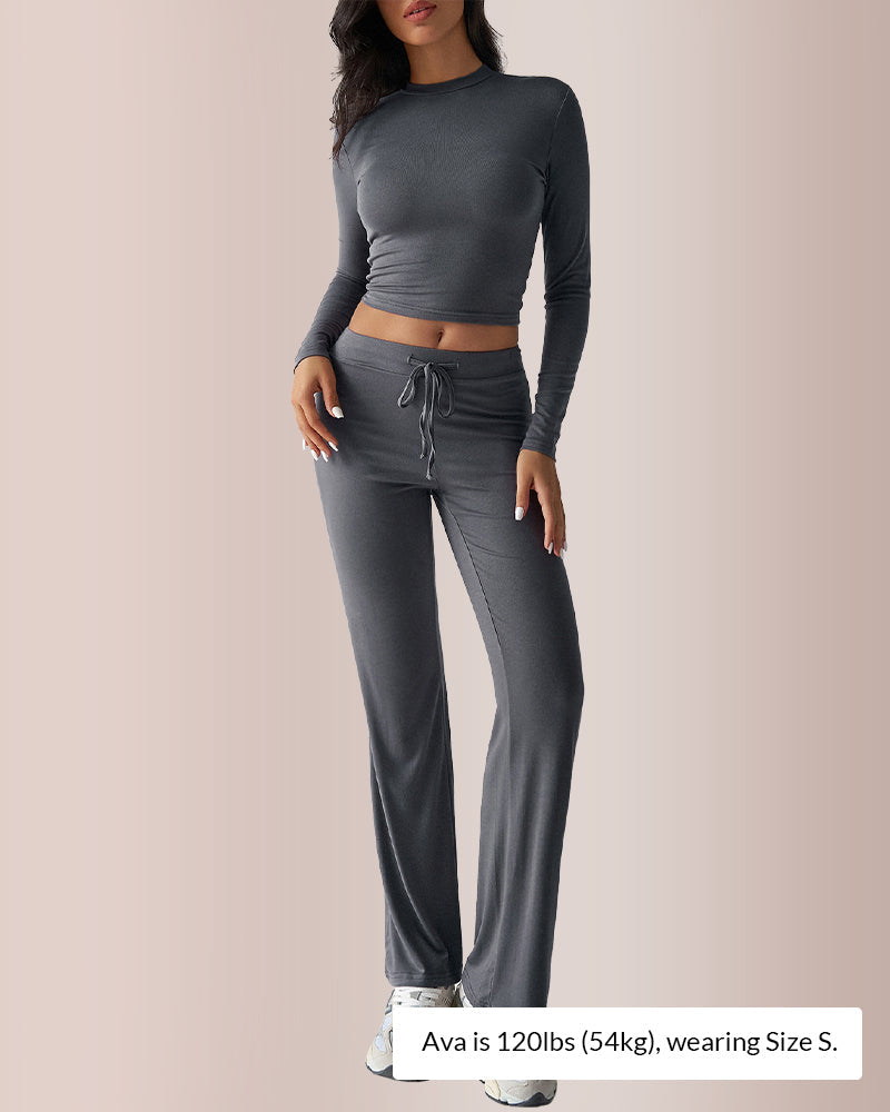 Solid Long Sleeve Crop Top & Drawstring Pants Set