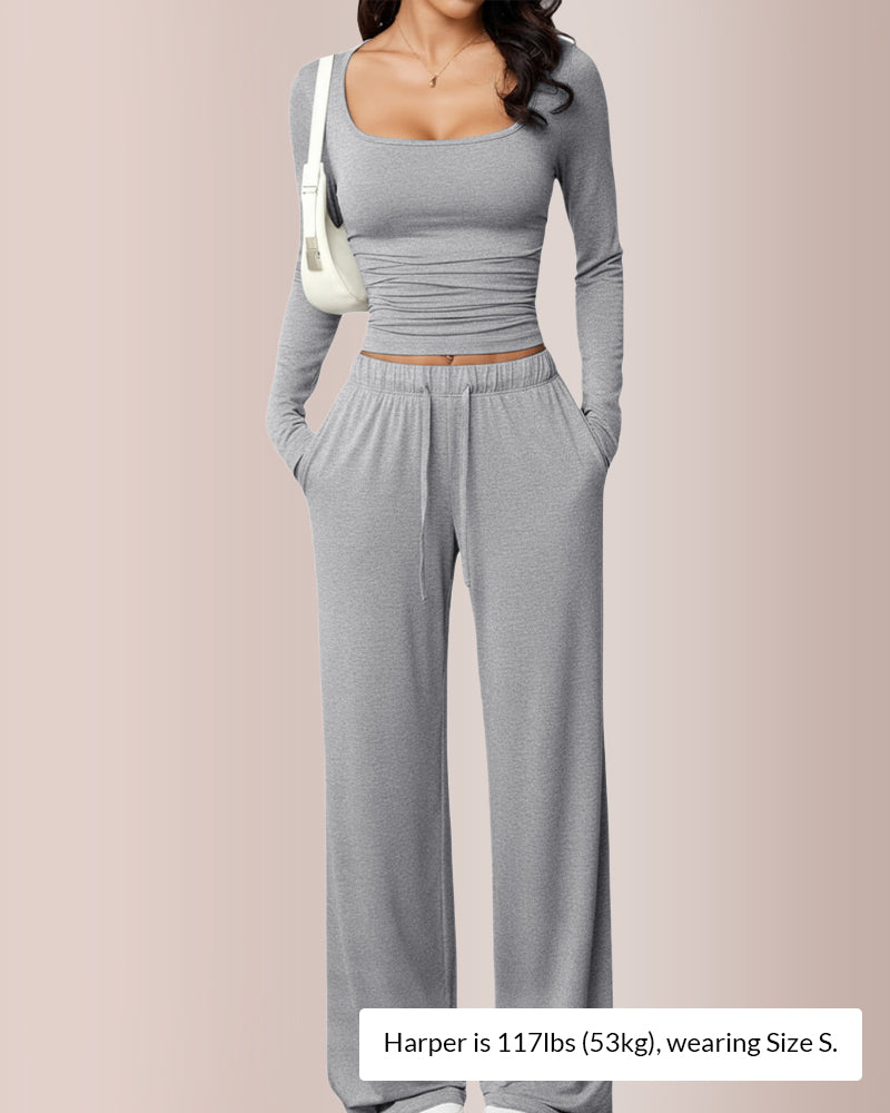 Square Neck Crop Top & Wide Leg Pants Set