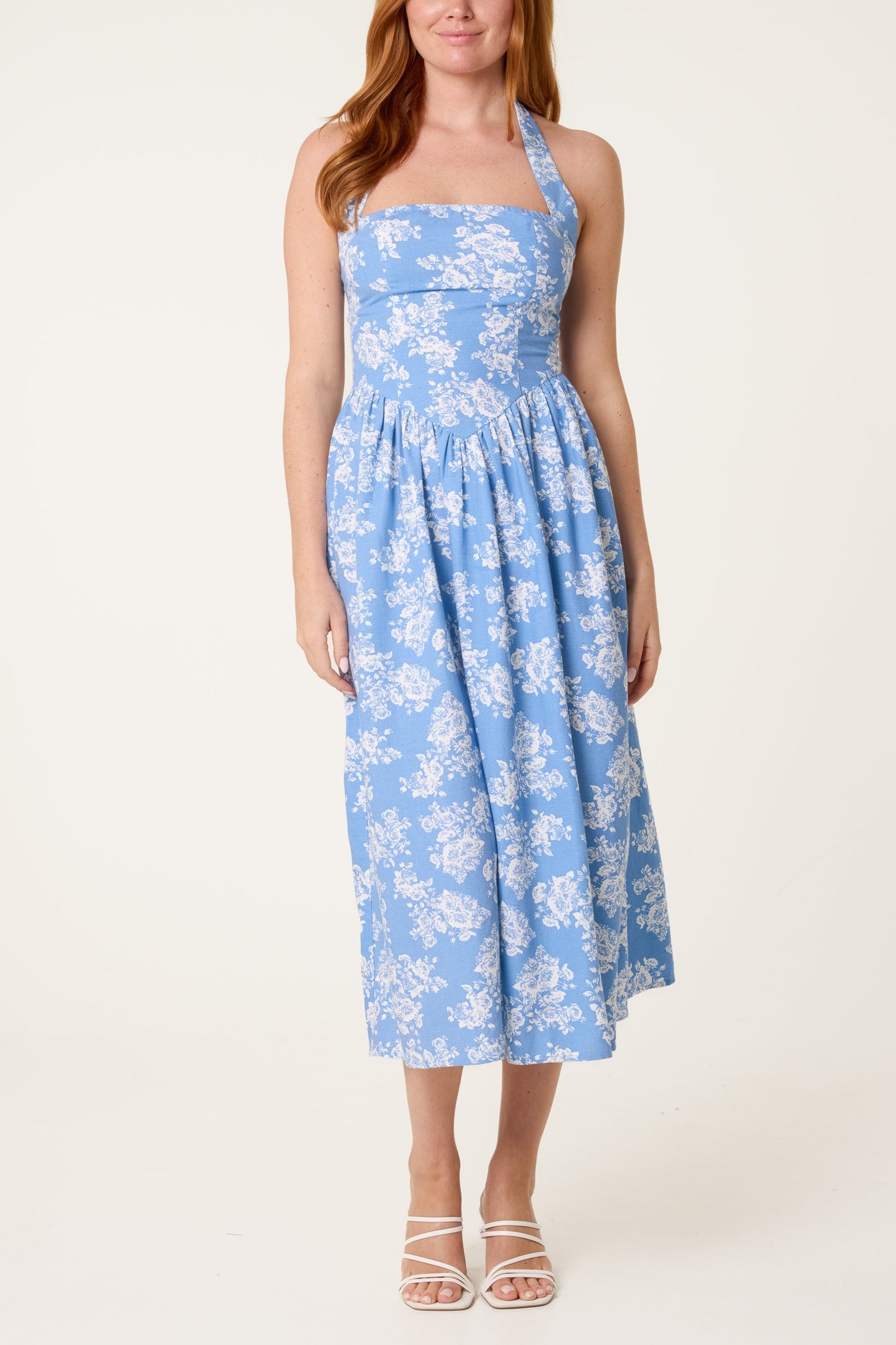 V-Waist Floral Halter Midi Dress