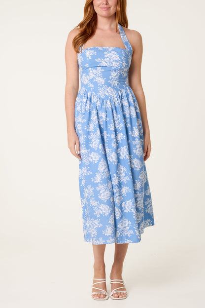 V-Waist Floral Halter Midi Dress