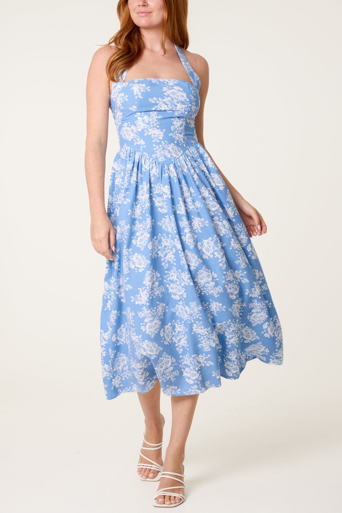 V-Waist Floral Halter Midi Dress