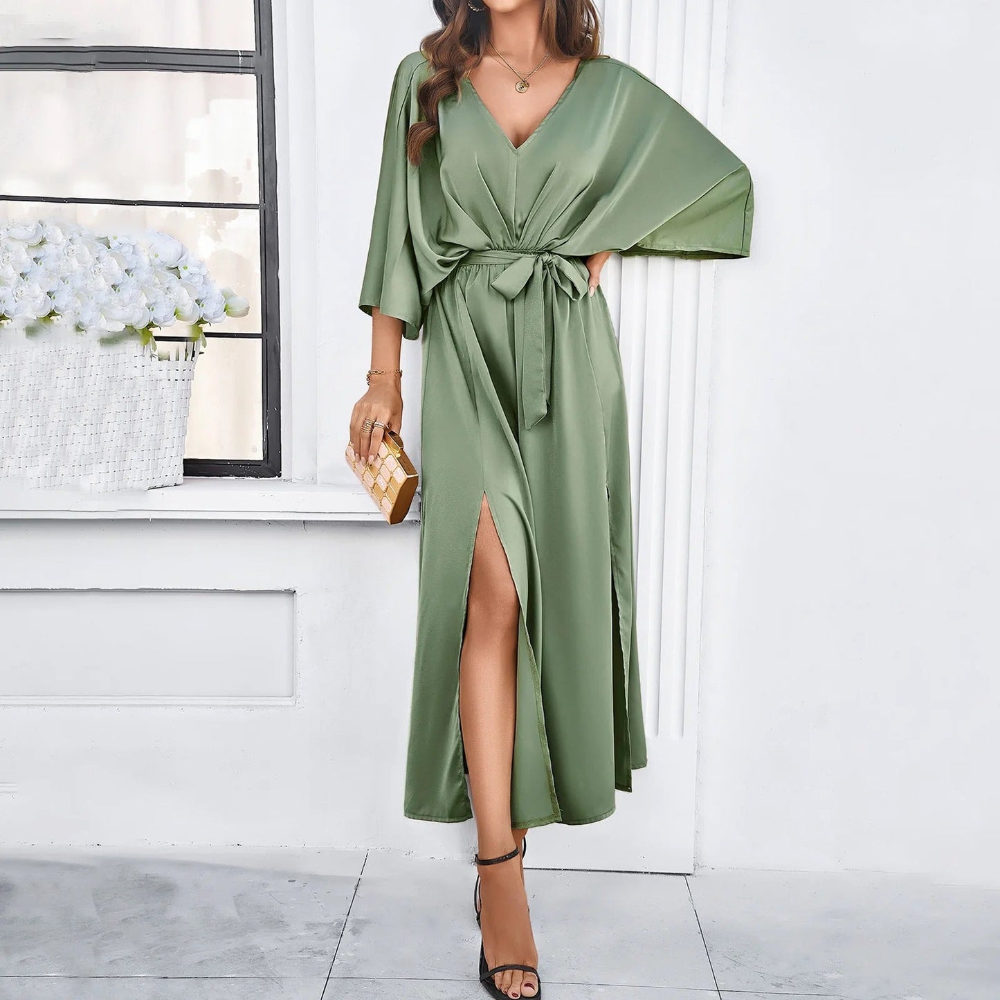 V-Neck Women's Dress Midi Spring