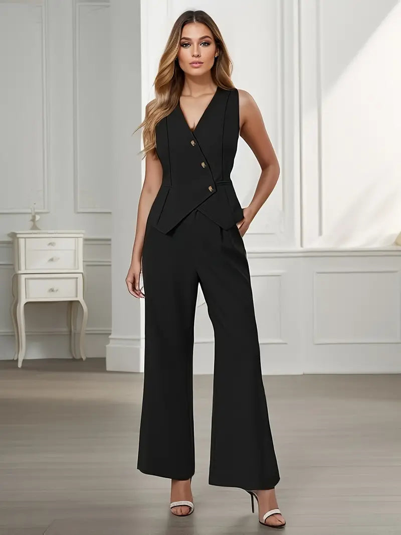 Women Sleeveless Vest and Wide Leg Buttoned Trousers Set