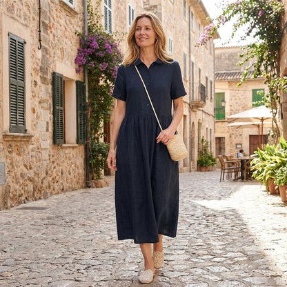 Button Front Short Sleeve Casual Loose Fit Summer Dress