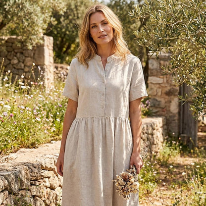 Button Front Short Sleeve Casual Loose Fit Summer Dress