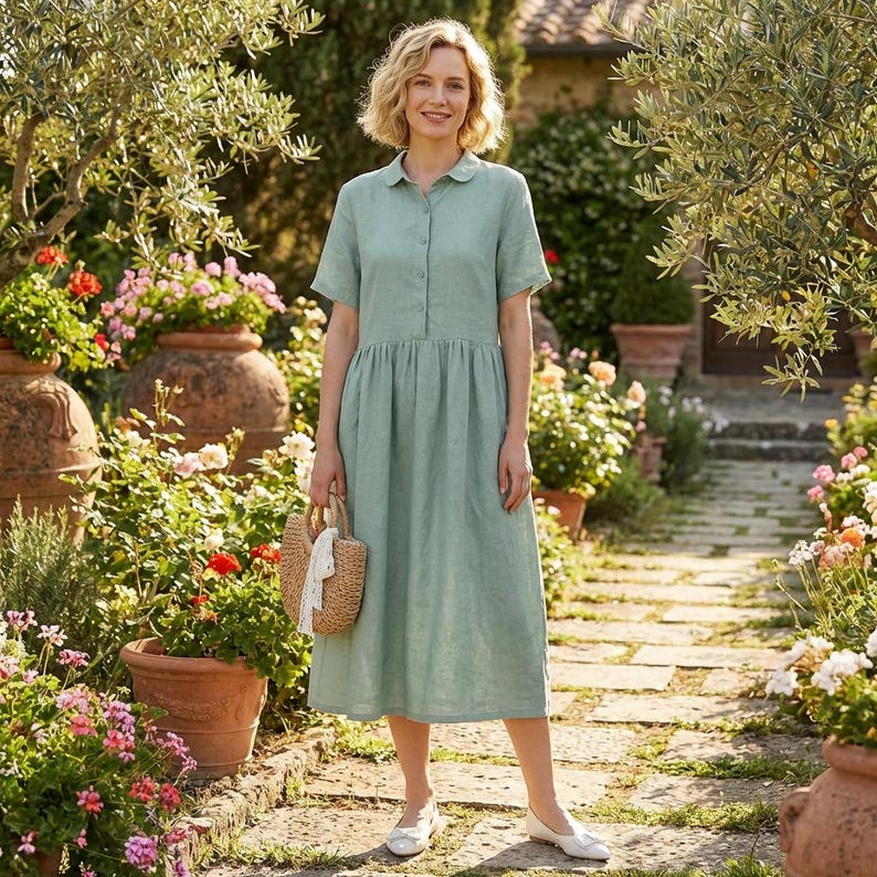 Button Front Short Sleeve Casual Loose Fit Summer Dress