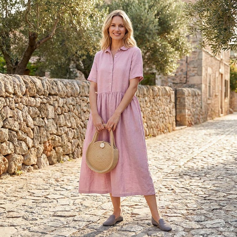 Button Front Short Sleeve Casual Loose Fit Summer Dress
